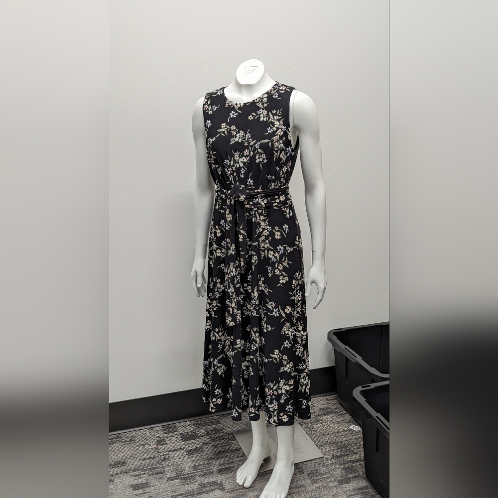 NWT Lauren Ralph Lauren Black Floral  Belted Sleeveless Dress NEW